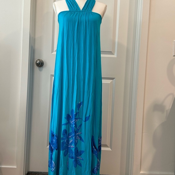 DG2 by Diane Gilman Dresses & Skirts - DG2 by Diane Gilman Turquoise Halter Maxi with Blue Floral Border